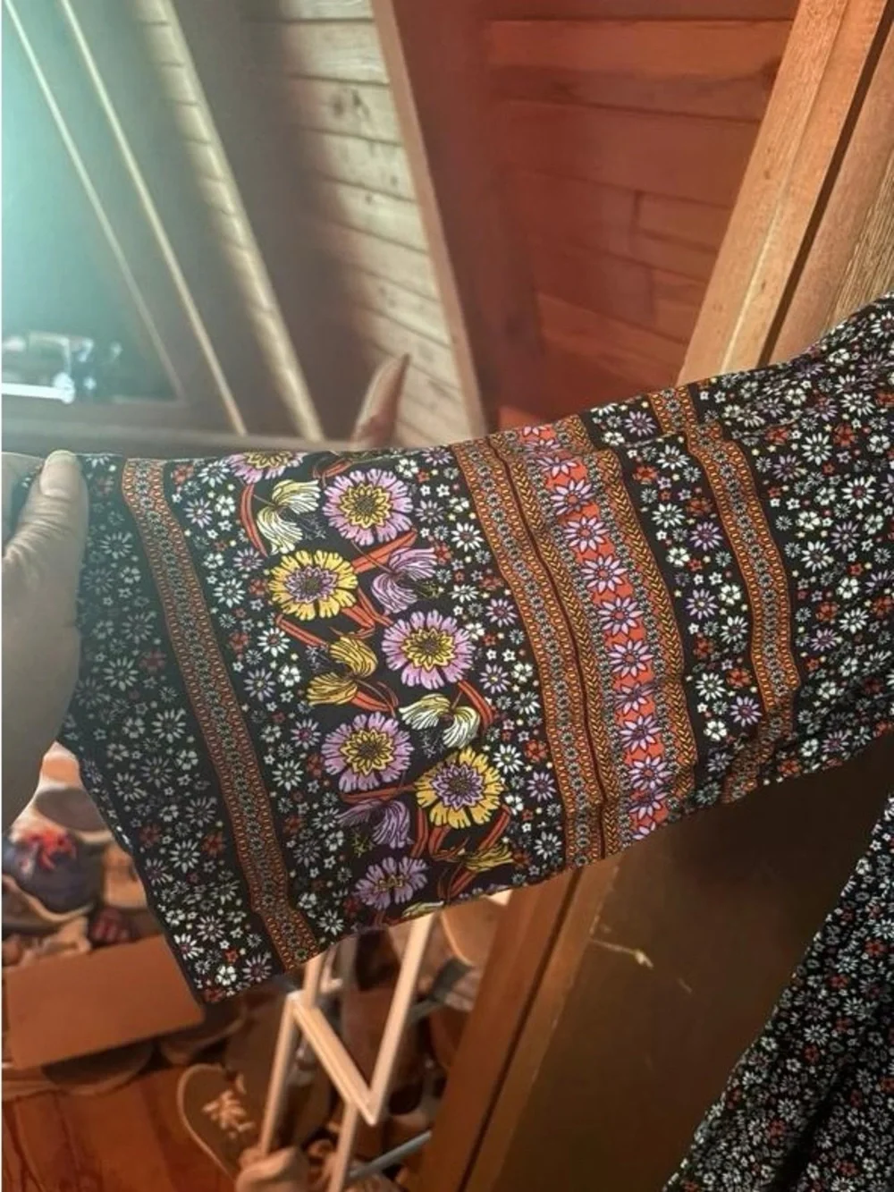 Floral Border Maxi Dress - Black with Rust & Cream Accents